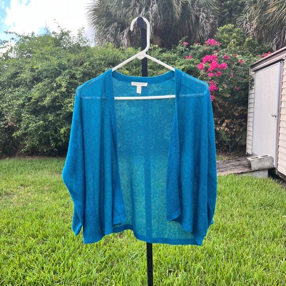 Eileen Fisher 100% Organic Linen Open Front Cardigan Blue Green Size S - Picture 1 of 7